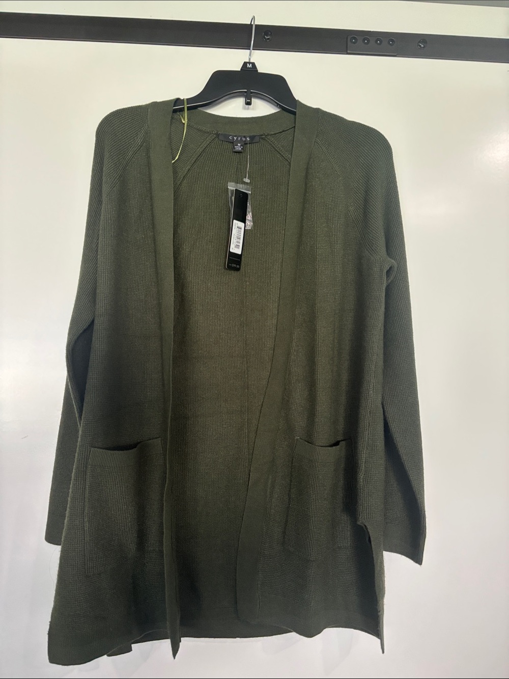 Cyrus Olive Open-Front Knit Cardigan with Pockets